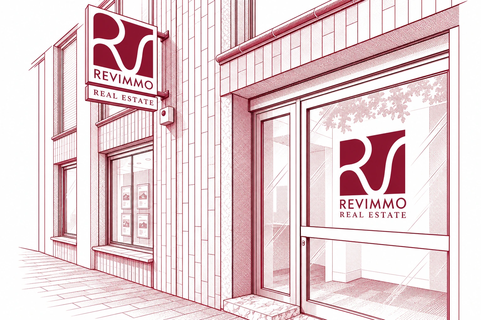 La façade de REVIMMO, dessin bordeaux et blanc